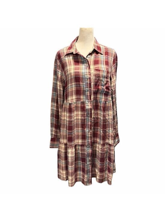 LOFT Dresses & Skirts - Loft Plaid Tiered Shirtdress Button Front Long Sleeves Chest Pocket NWOT Size S